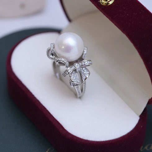 12-13mm Freshwater Pearl Bowknot Zirconia Ring - May-Lynn